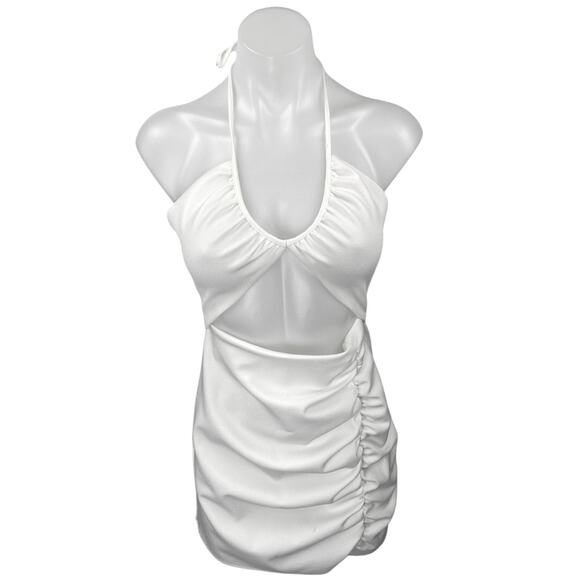 Zara White Halter Sleeveless Cutout Open Back Ruched Mini Bodycon Dress Size S - Picture 1 of 4